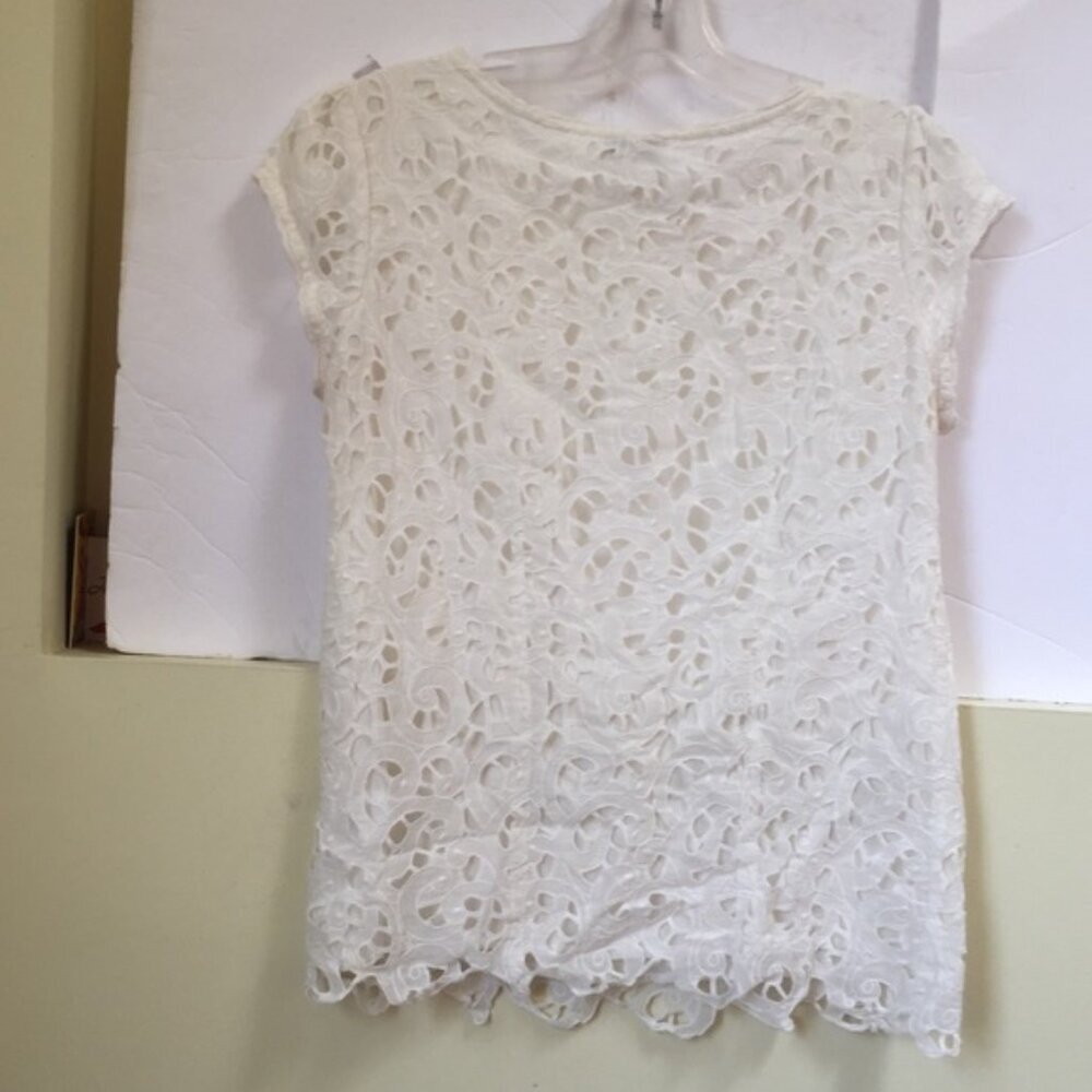 Joie Eyelet Lace Shirt Short Sleeve Crew Top Blouse Neutral White Lined Sheer S - Picture 11 of 14